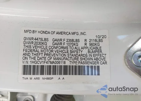 2021 Honda Accord Sport Special Edition из США, поврежденный, VIN 1HGCV1F47MA006118